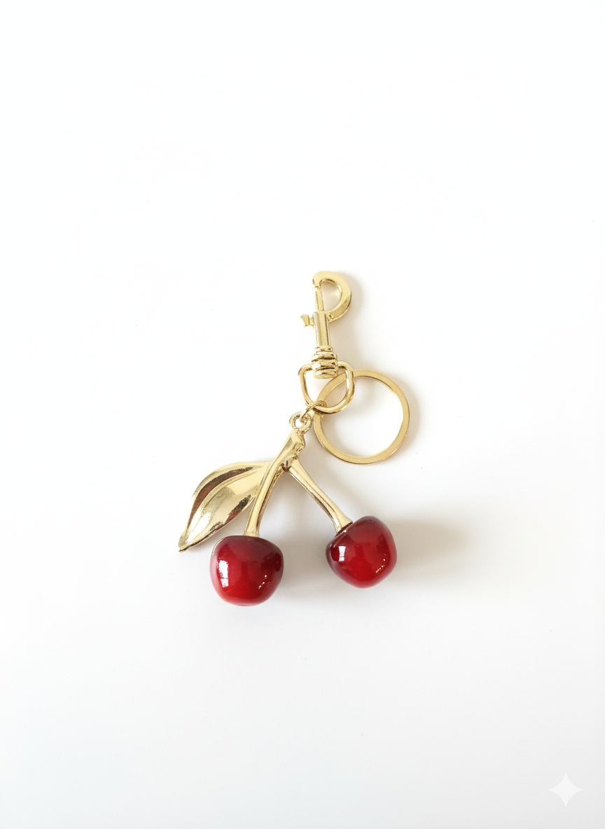 🍒 Cherry Charm Keychain – Gold & Red Glossy Finish