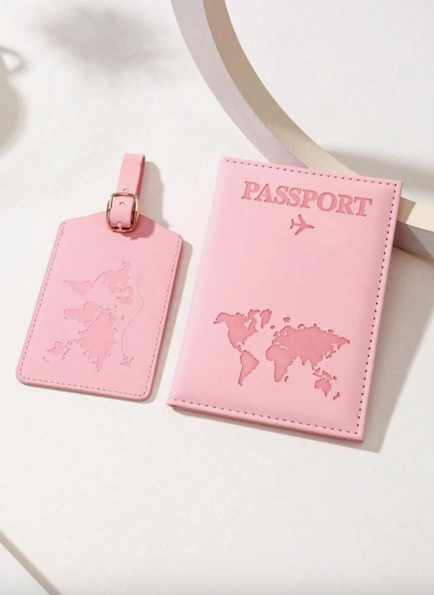 🌸 Travel in Style – Pink Passport Cover & Luggage Tag Set