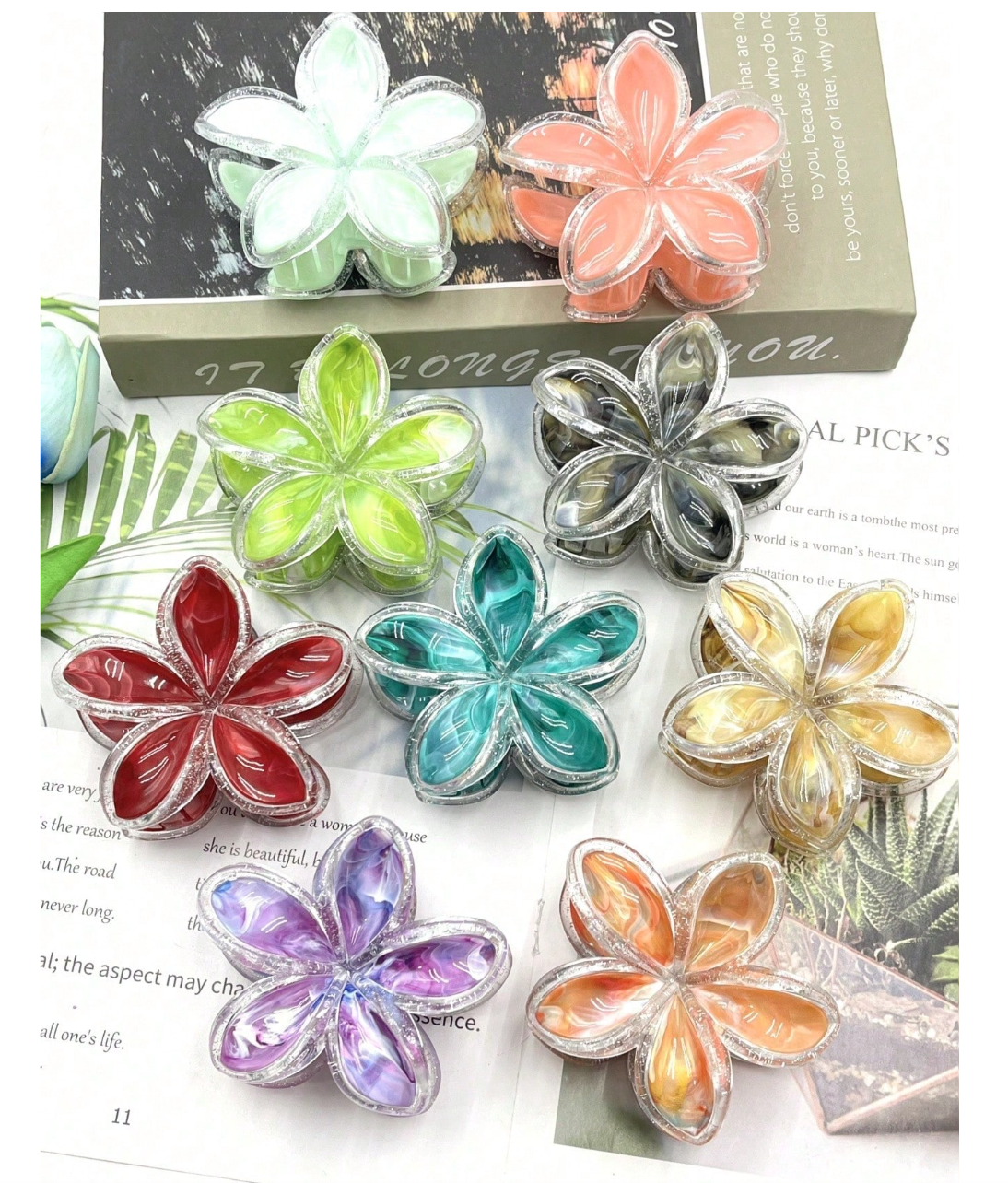 Hawaiian Glossy Flower Hair Claw Clips – Large Acrylic Floral Hair Clamps for Women & Girls